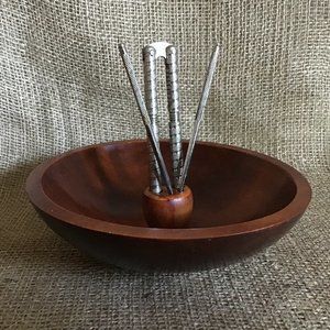 Vintage Wood Nut Bowl with Tools Baribocraft